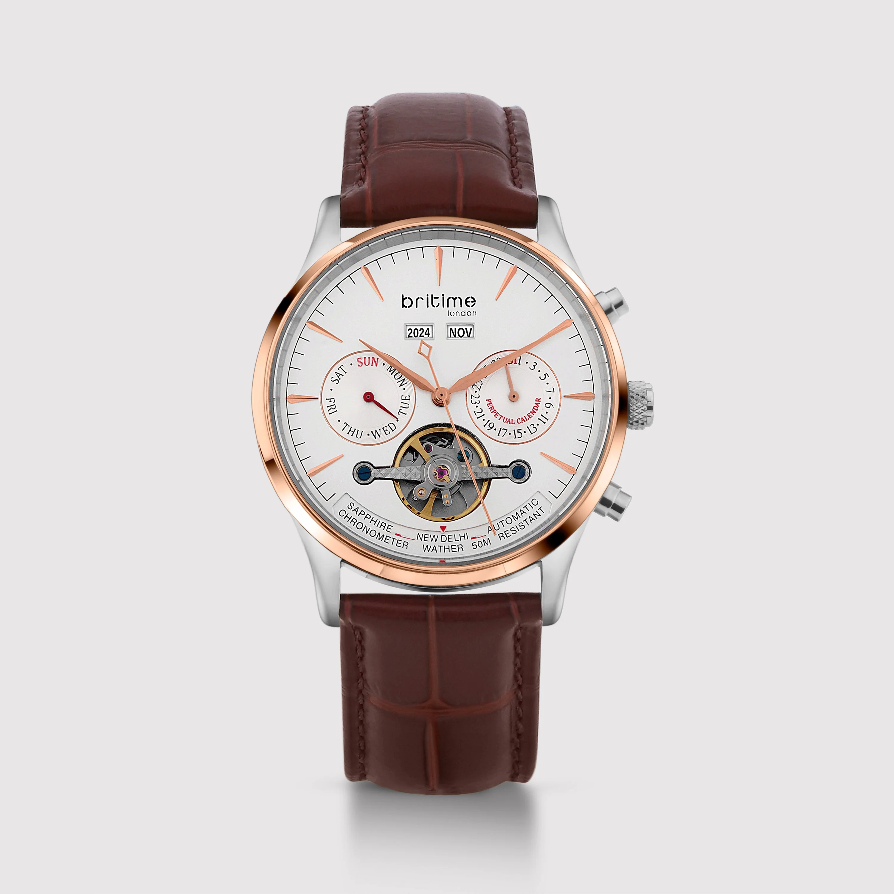 Celestial Men Automatic Silver Dial Chronograph Leather Watch 867-L30308