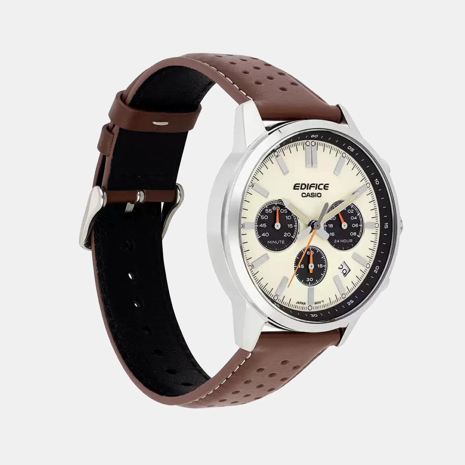 Edifice Men Quartz Cream & Black Dial Multi-Function Leather Watch ED657 - Image 3
