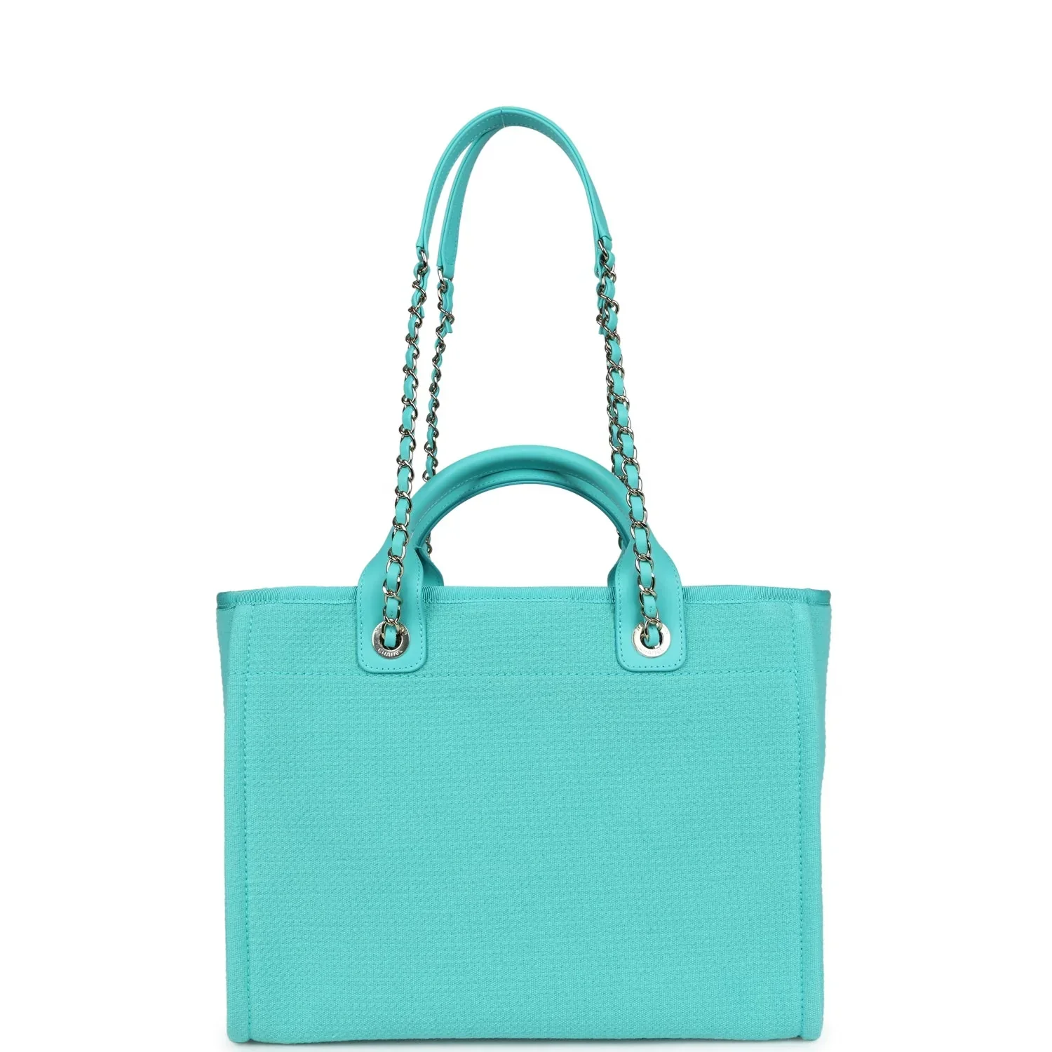 Chanel Small Deauville Shopping Bag Turquoise Canvas Light Gold Hardware - Image 4