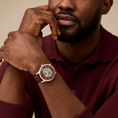 Fossil Townsman Skeleton & Brown Leather Strap Watch for Men - Image 3