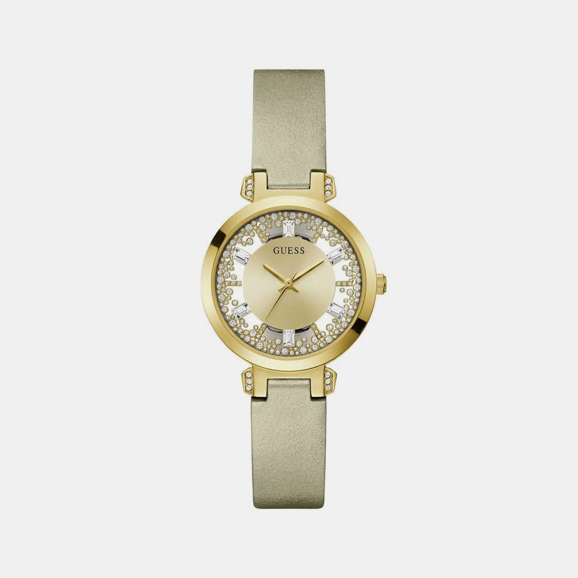 Crystal Clear Women Quartz Champagne Dial Analog Leather Watch GW0535L4