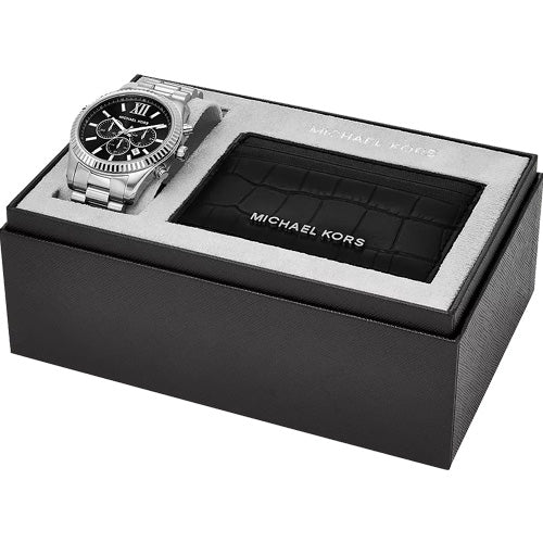 Michael Kors Oversized Lexington Crocodile-Embossed Leather Card Case Black Dial 44mm MK1091SET - Image 4