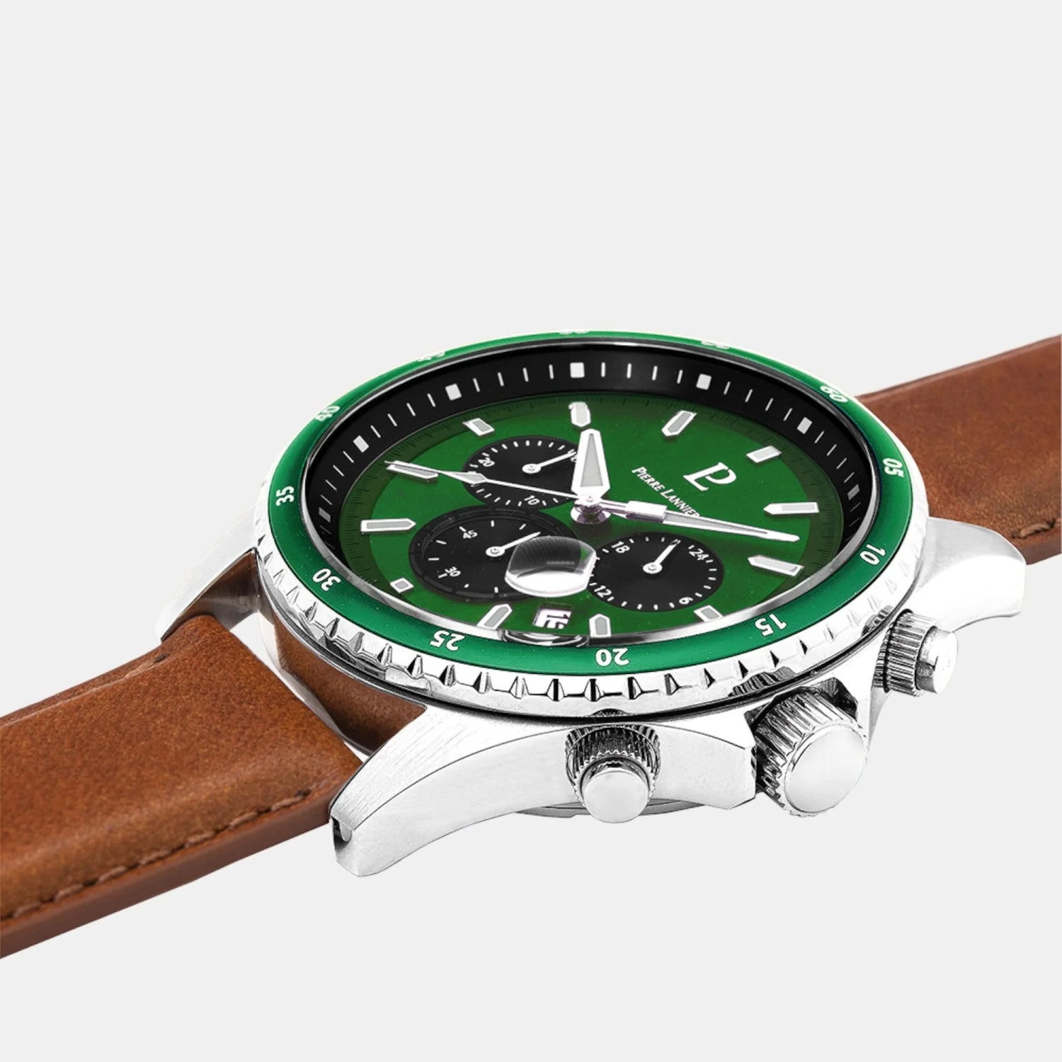 Cronos Men Quartz Green Dial Chronograph Leather Watch 227G164 - Image 3