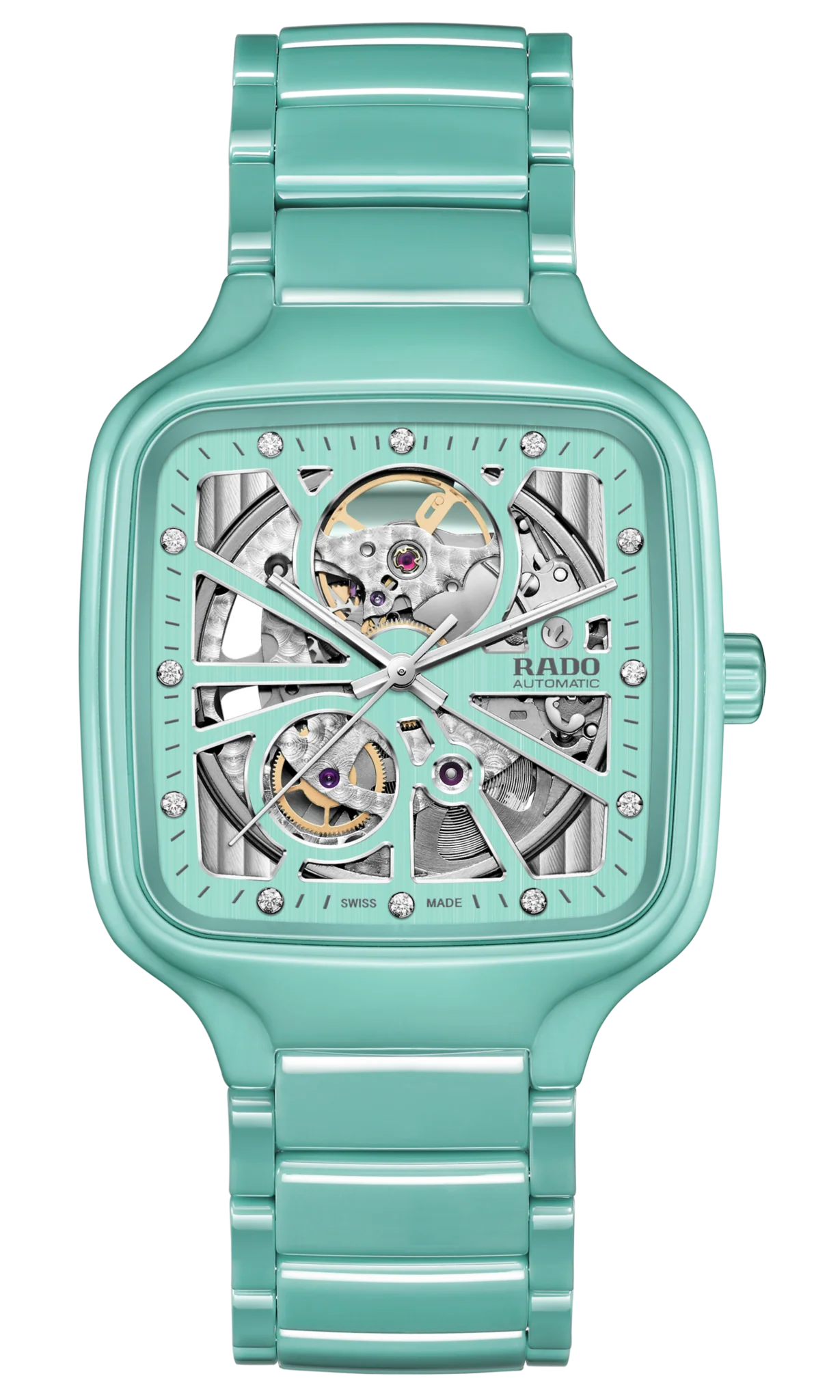 Rado True Square Automatic Open Heart Silver Turquoise Dial Unisex 38mm