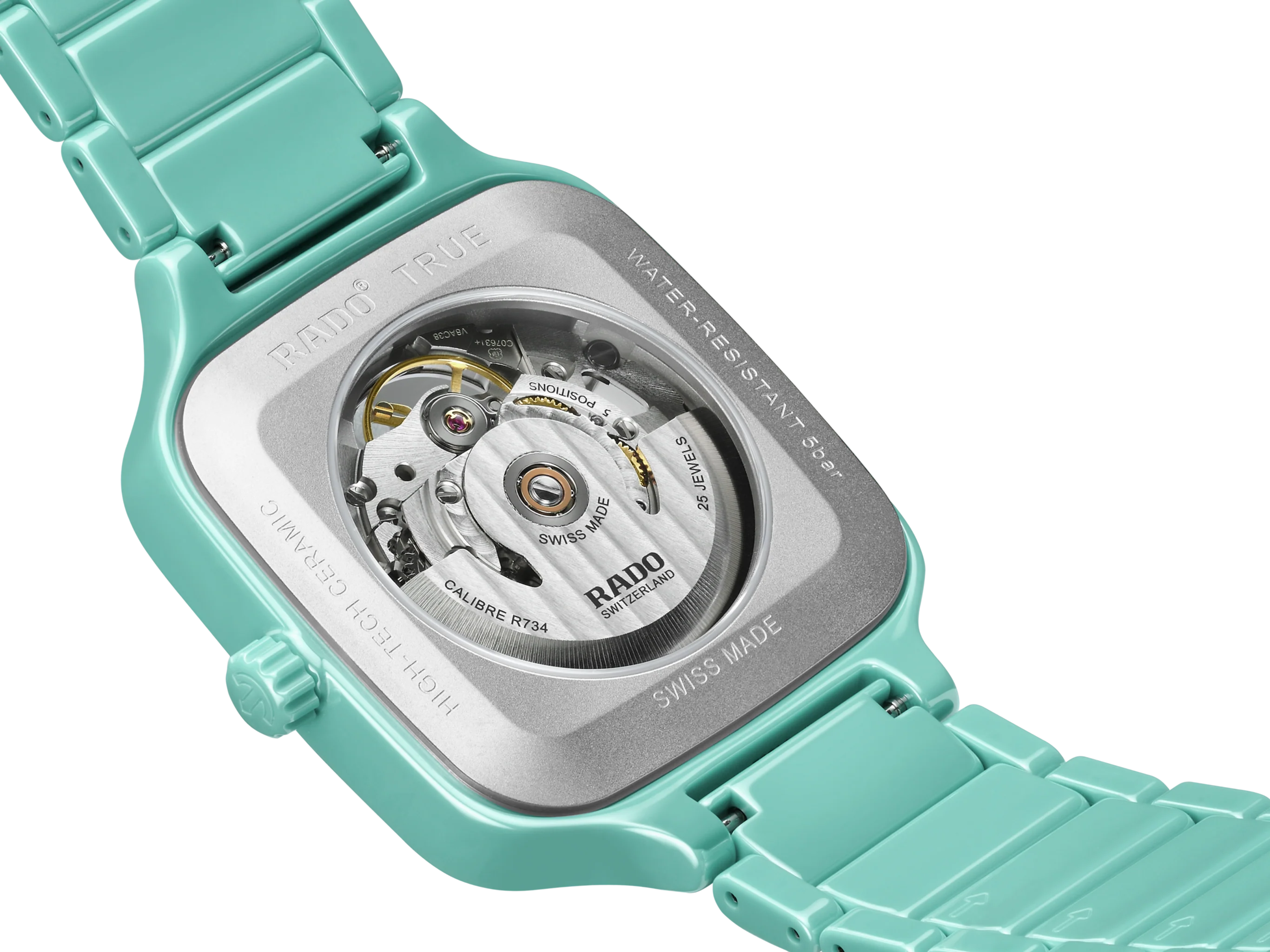 Rado True Square Automatic Open Heart Silver Turquoise Dial Unisex 38mm - Image 4