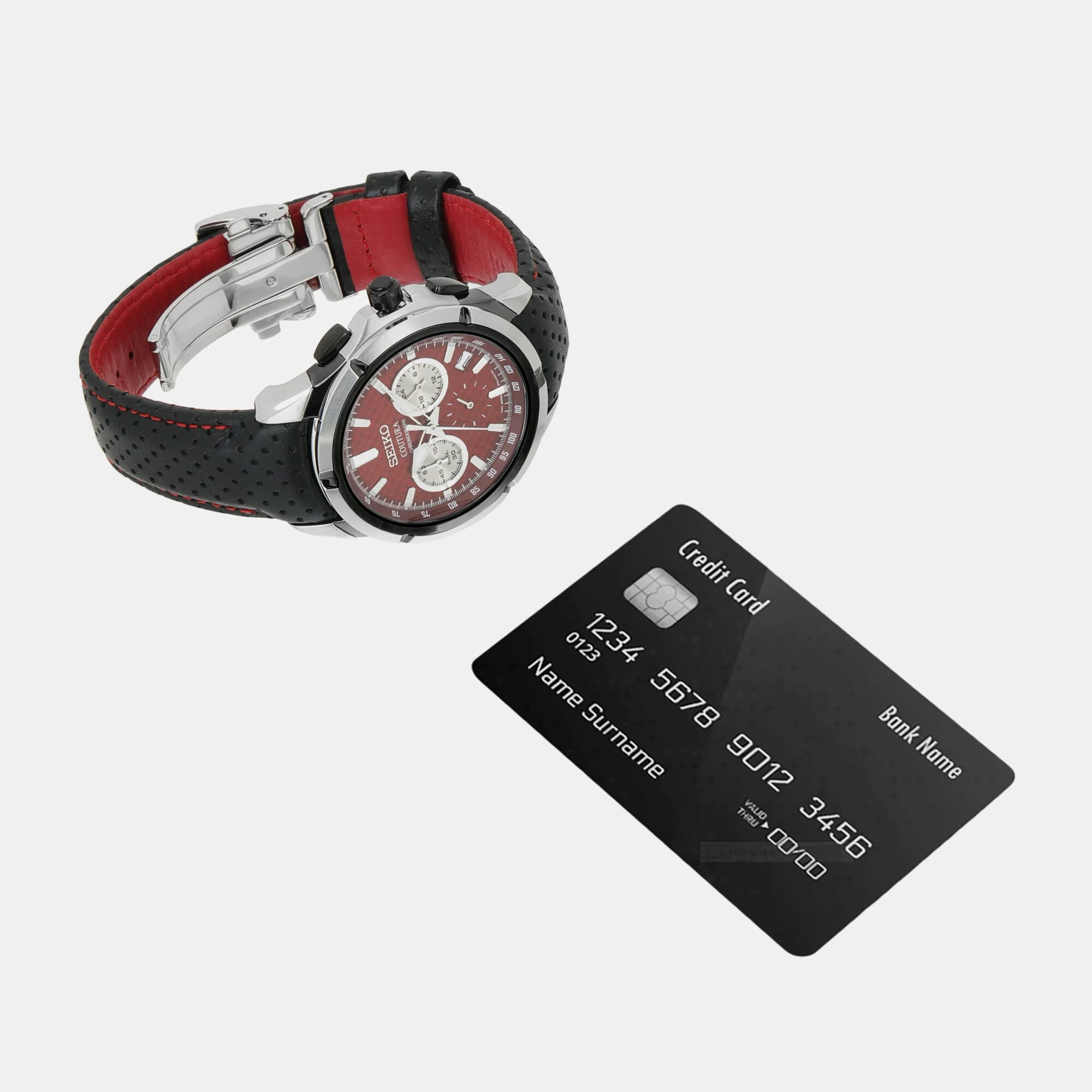 Coutura Men Quartz Red Dial Chronograph Leather Watch SSB435P9 - Image 5