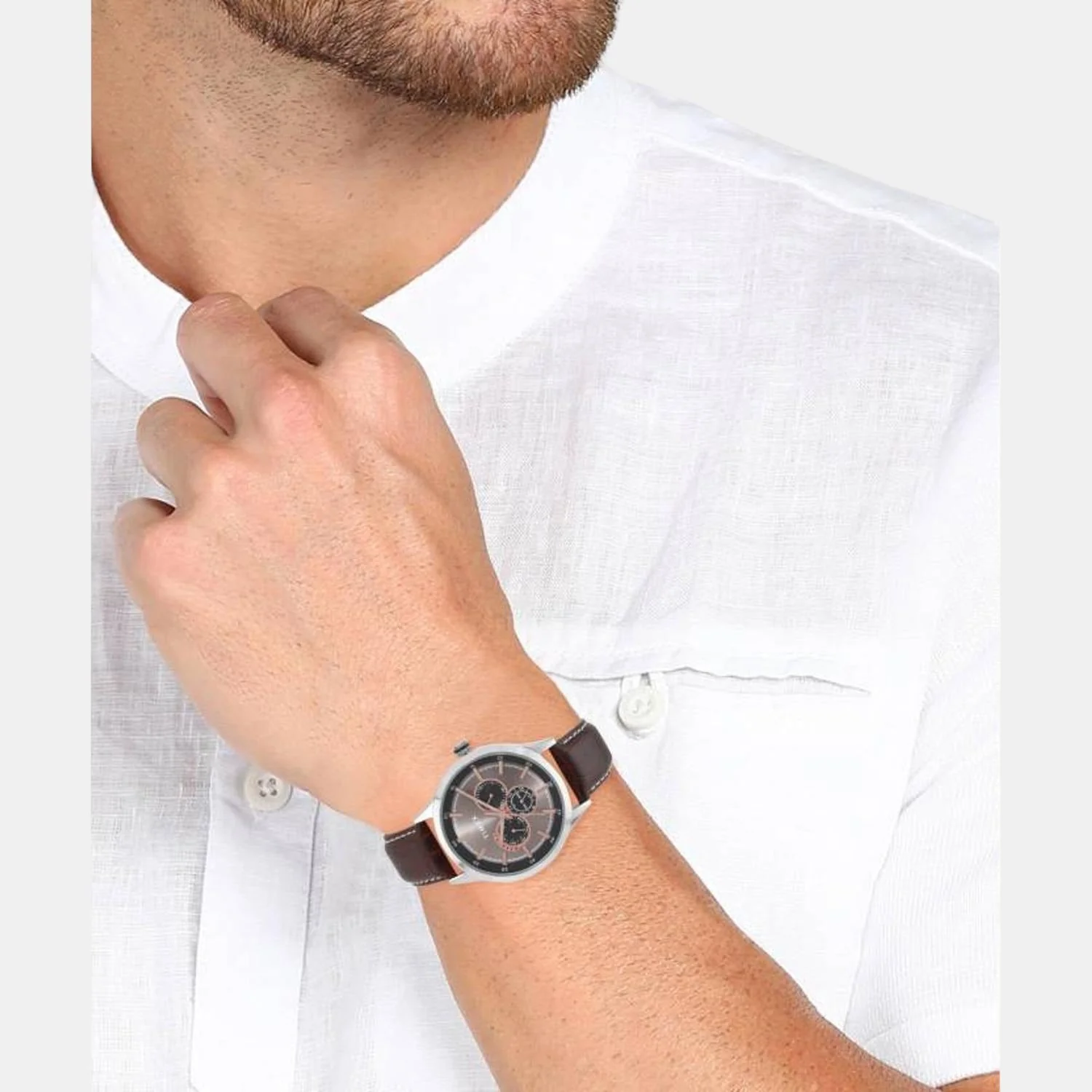 Fashion Men Quartz Grey Dial Chronograph Leather Watch TW000T309 - Image 4