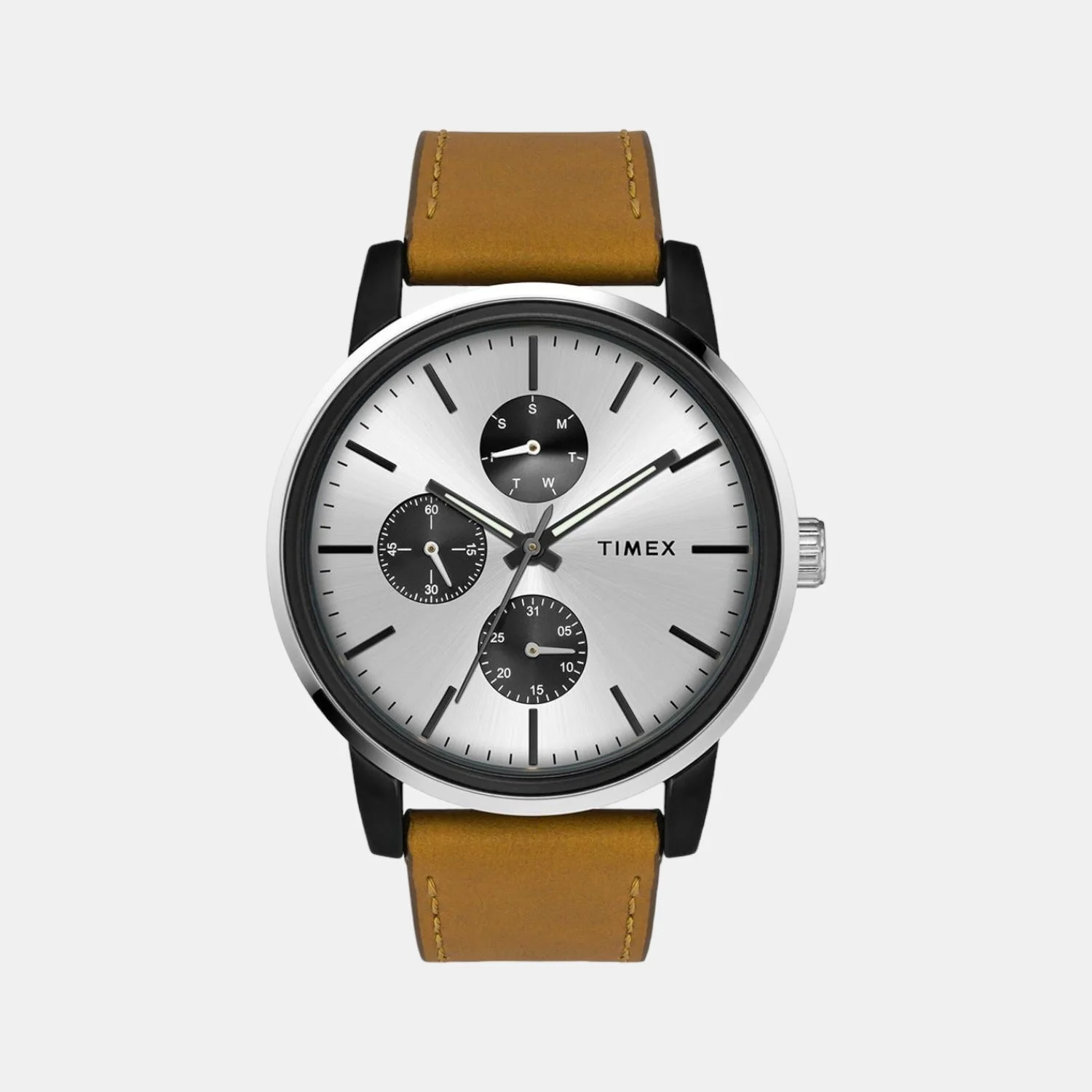 Fashion Men Quartz Silver Dial Chronograph Leather Watch TWEG18901