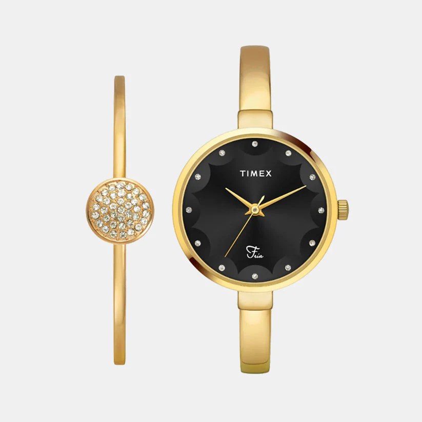 Fria Women Quartz Black Dial Analog Brass Watch TWEL18501