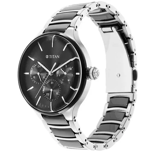 Titan Ceramic Fusion Quartz Multifunction Black Dial Silver Dual-Toned Stainless Steel Bracelet Watch for Men 42mm NT90148KD01 - Image 2