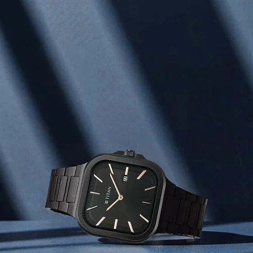 Titan Classique Slim Square Quartz Analog with Date Black Dial Stainless Steel Strap Watch for Men 41mm 90176NM01 - Image 4