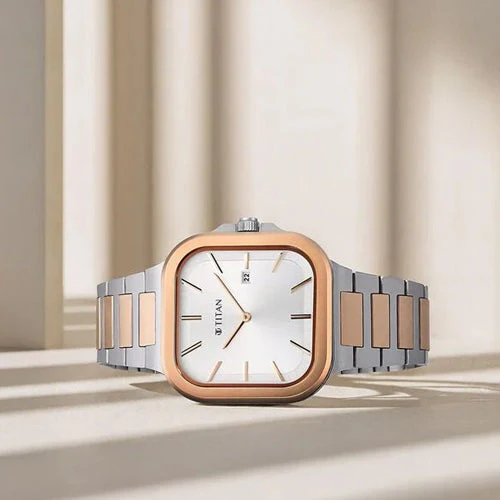 Titan Classique Slim Square Quartz Analog with Date Silver Dial Stainless Steel Strap Watch for Men 41mm 90176KM01 - Image 2