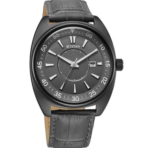 Titan Classique Tonneau Analog with Date and Grey Dial Grey Leather Strap Watch for Men 42mm 90211QL02 - Image 2