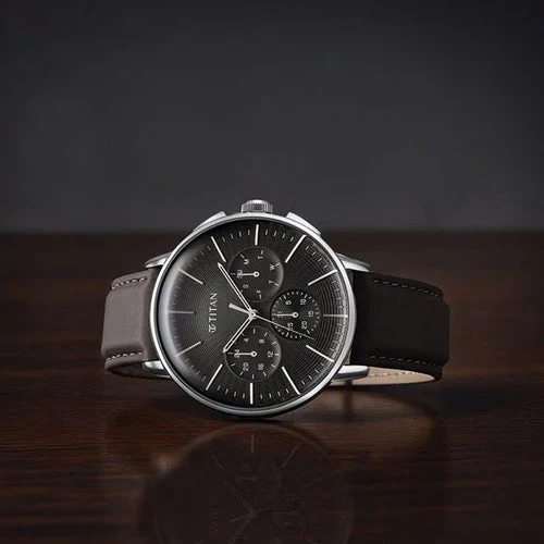 Titan Light leathers Multifunction Anthracite Dial Leather Strap Watch For Men 42mm 90200SL02 - Image 5