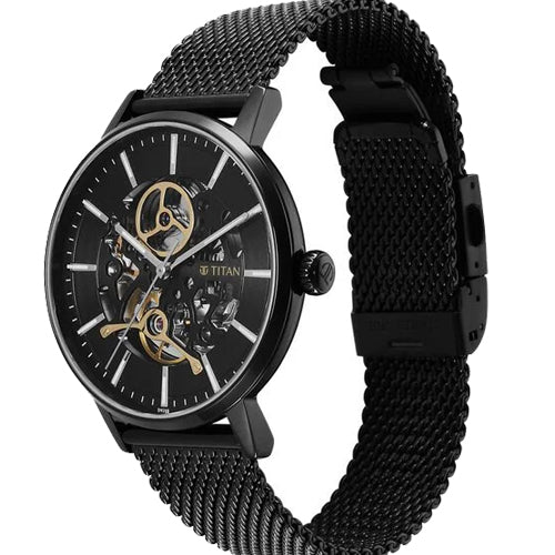 Titan Mechanical Slimline Black Dial Black Mesh Strap Watch for Men 42mm NS90159NM01 - Image 2