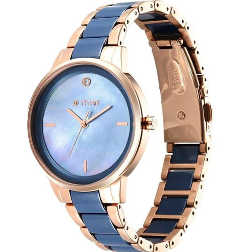 Titan Purple Ceramics Blue Dial Analog Steel and Ceramic Strap watch for Women 41mm 95213KD03 - Image 3