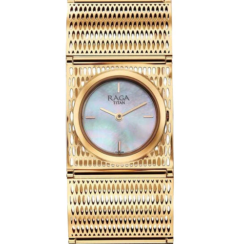 Titan Raga Ethereal Quartz Analog White Mother Of Pearl Dial Rose Gold Stainless Steel Strap Watch For Women 28mm 2770WM01