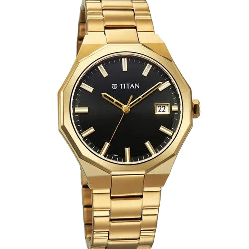 Titan Regalia Dodecagon Quartz Analog with Date Black Dial Golden Stainless Steel Strap Watch For Men 40mm 90212YM01 - Image 2
