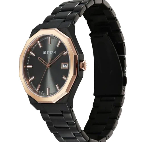 Titan Regalia Dodecagon Quartz Analog with Date Grey Dial Black Stainless Steel Strap Watch For Men 40mm 90212KM02 - Image 3