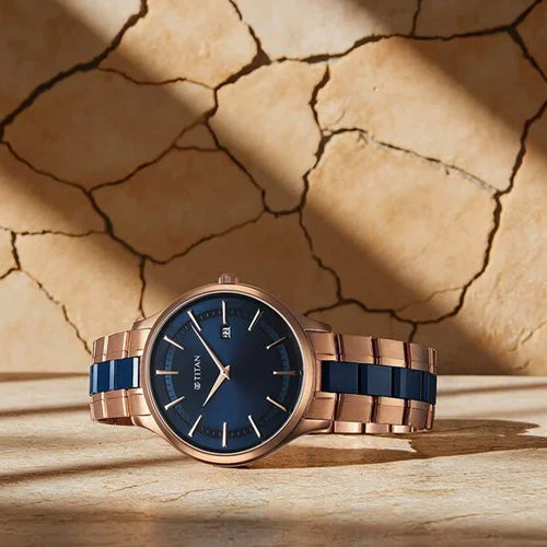 Titan Slim Ceramic Fusion Quartz Analog with Date Blue Dial Stainless Steel Strap Watch For Men 40mm 90142KD03 - Image 4