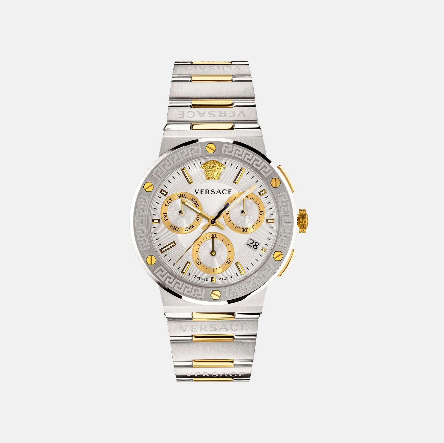 Greca Logo Men Quartz Silver Dial Chronograph Stainless Steel Watch VEZ900321